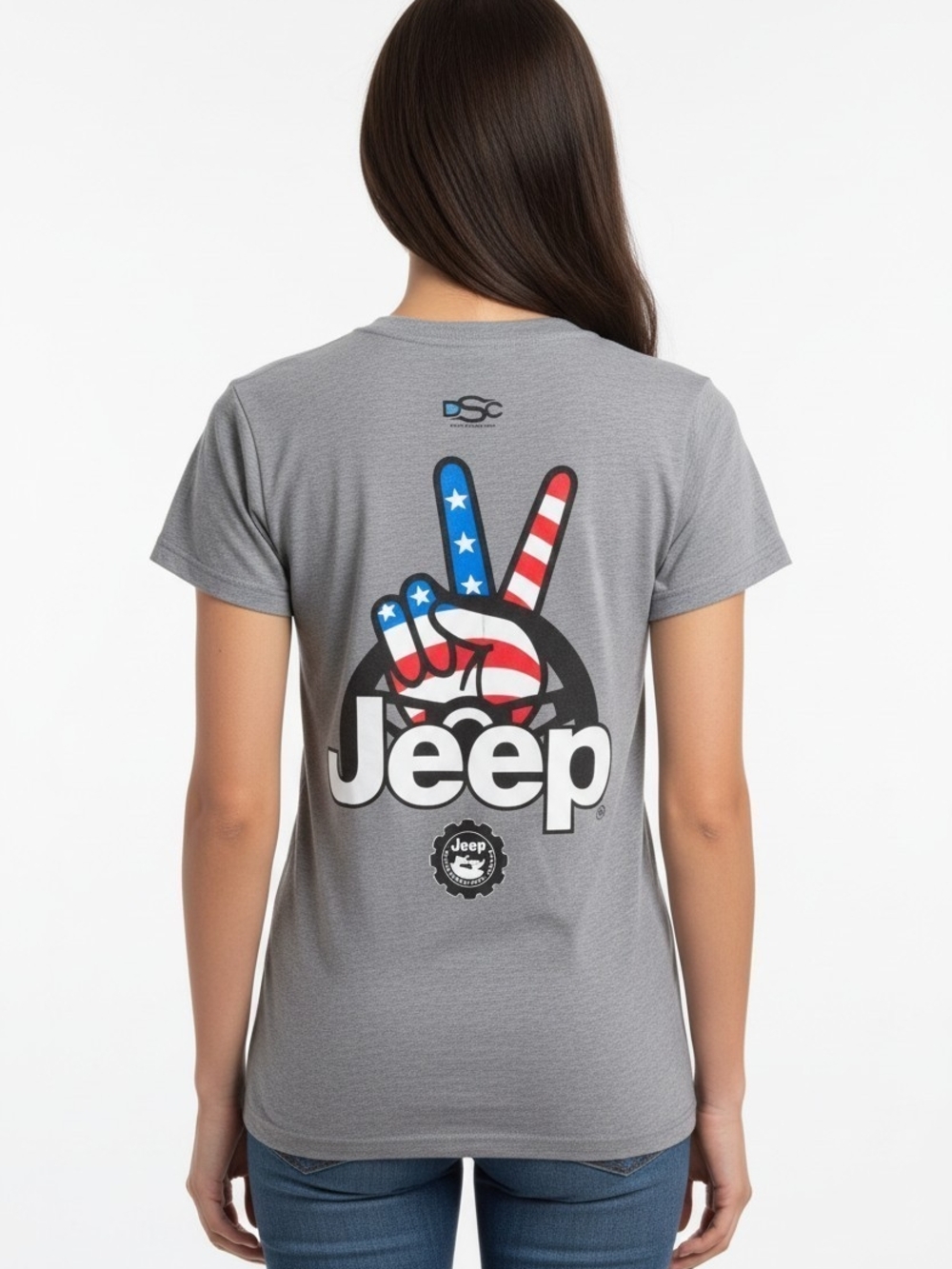 Jeep Gray V-Neck Tee with American Flag Peace-Hand Graphic